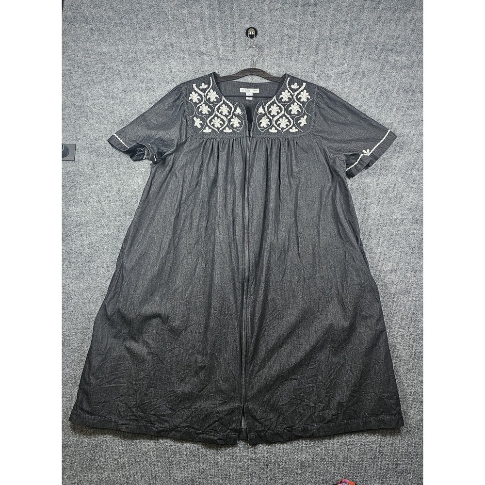 Go Softly Patio House Dress Sz XL Petite Black Denim Muumuu Embroidered Beaded
